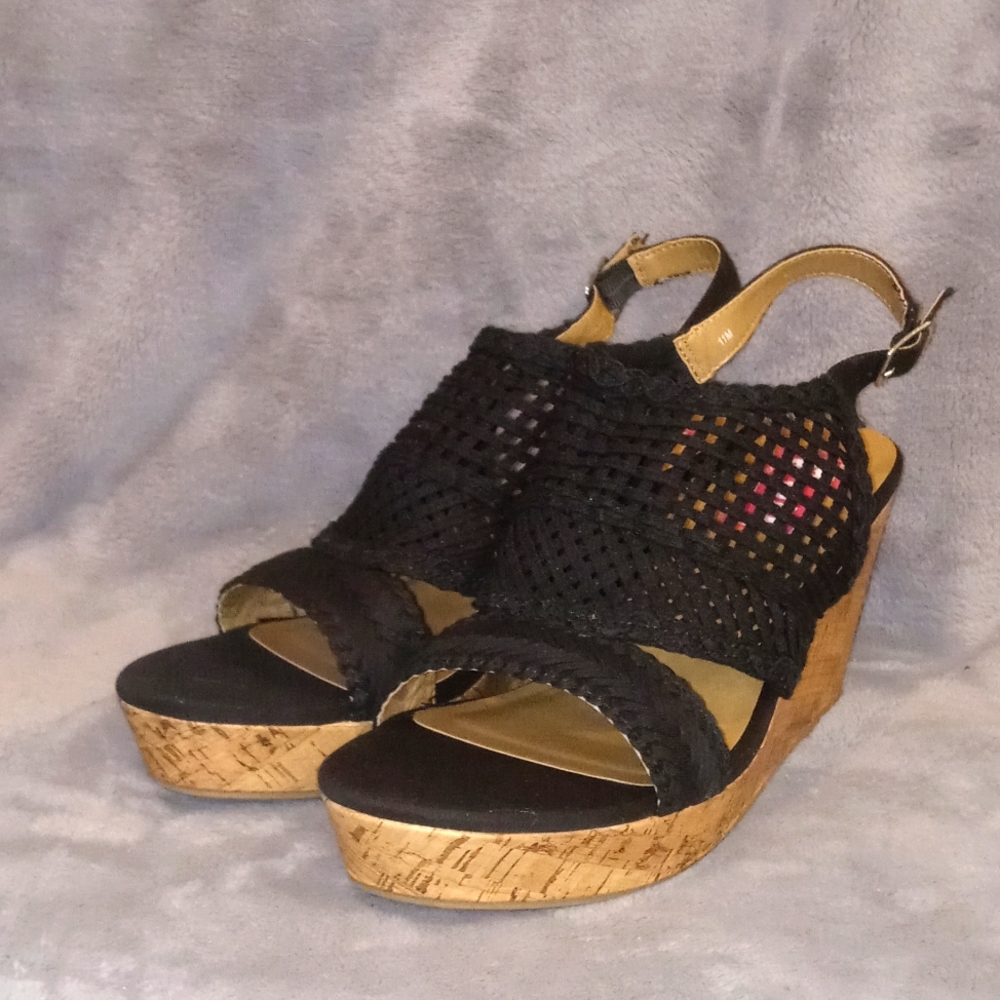 NWOT POP Black Woven Cork Wedge Sandals
